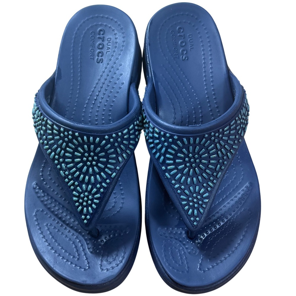 Crocs Monterey Navy Blue Embellished Wedge Flip Flop Sandals Womens EUC
